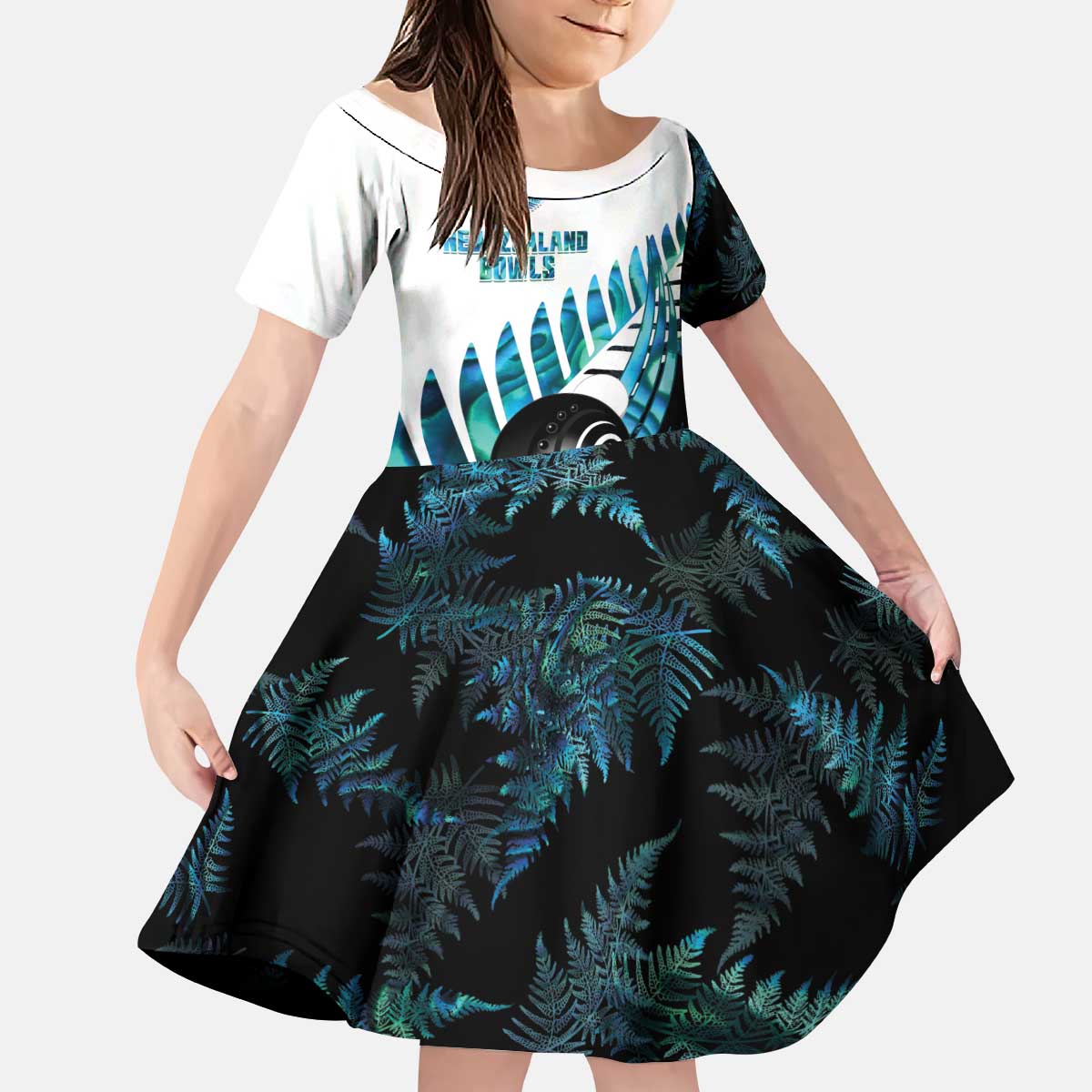 New Zealand Lawn Bowls Custom Kid Short Sleeve Dress Aotearoa Silver Fern Paua Shell - Polynesian Pride