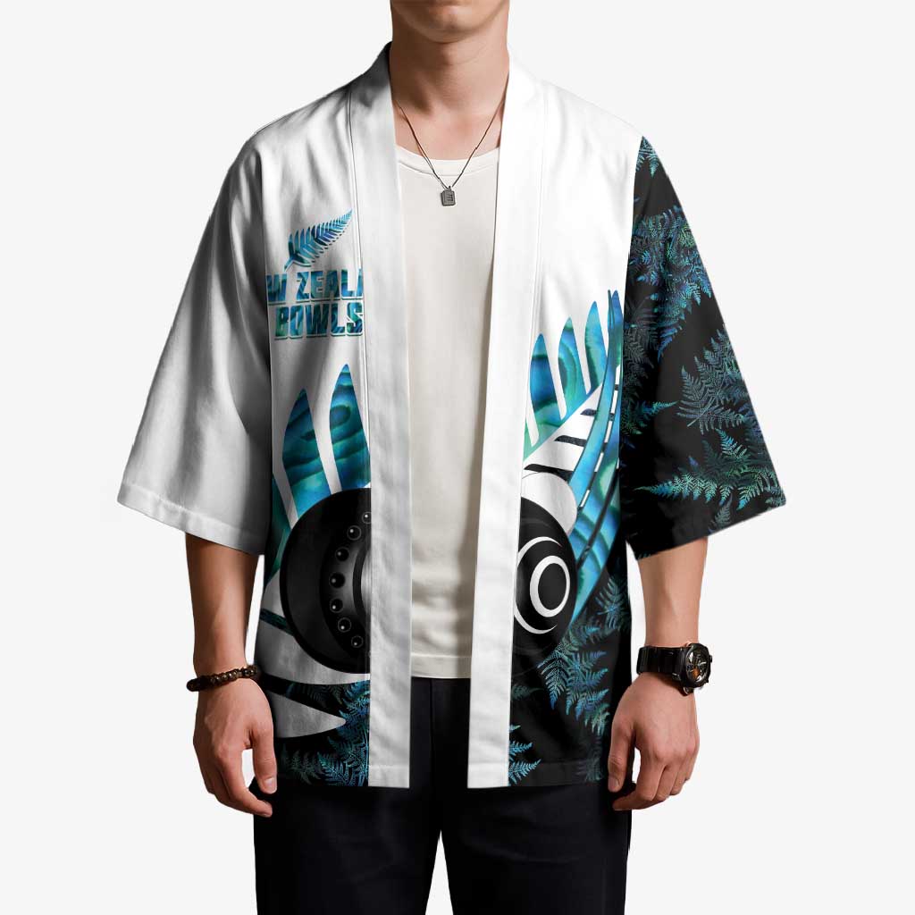 New Zealand Lawn Bowls Custom Kimono Aotearoa Silver Fern Paua Shell - Polynesian Pride