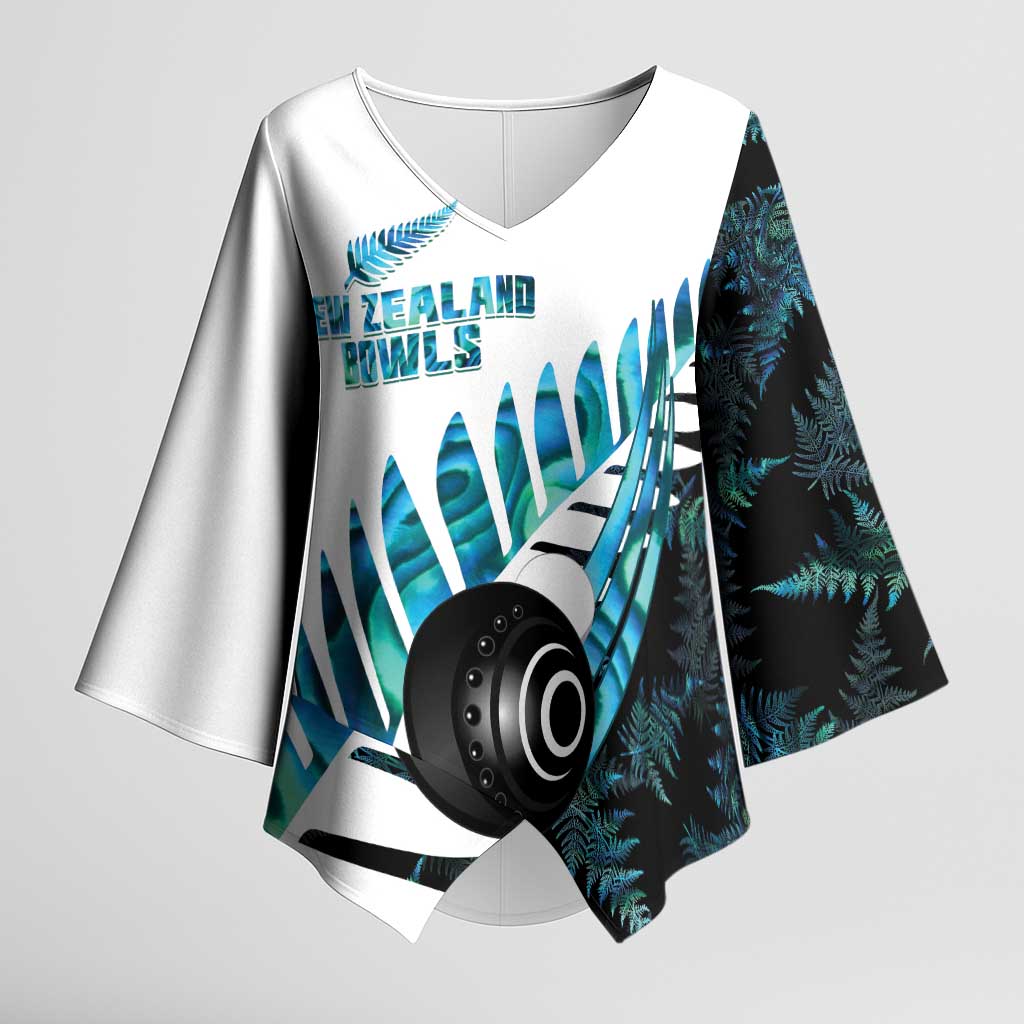 New Zealand Lawn Bowls Custom Kimono Sleeve Blouse Aotearoa Silver Fern Paua Shell - Polynesian Pride