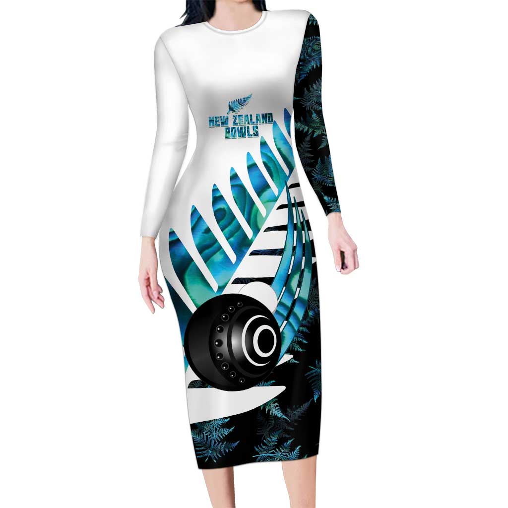 New Zealand Lawn Bowls Custom Long Sleeve Bodycon Dress Aotearoa Silver Fern Paua Shell - Polynesian Pride