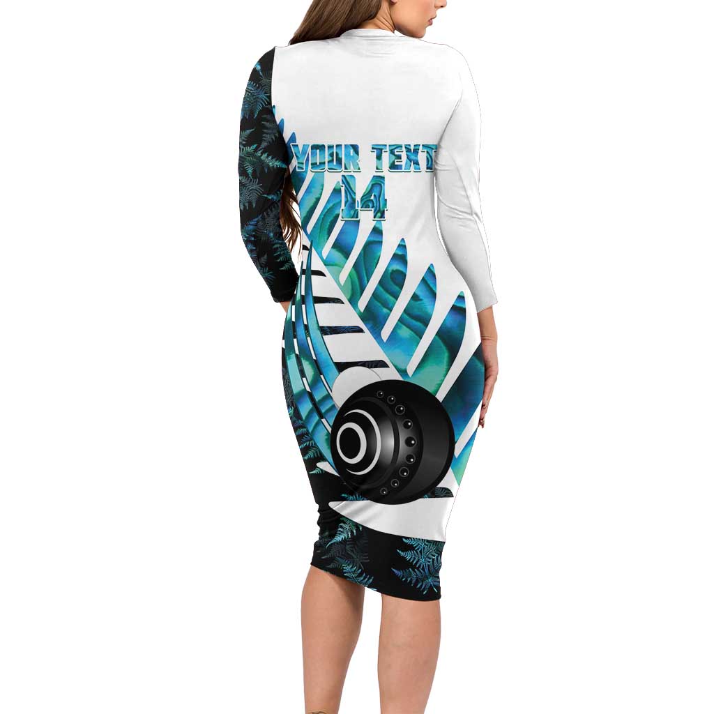 New Zealand Lawn Bowls Custom Long Sleeve Bodycon Dress Aotearoa Silver Fern Paua Shell - Polynesian Pride
