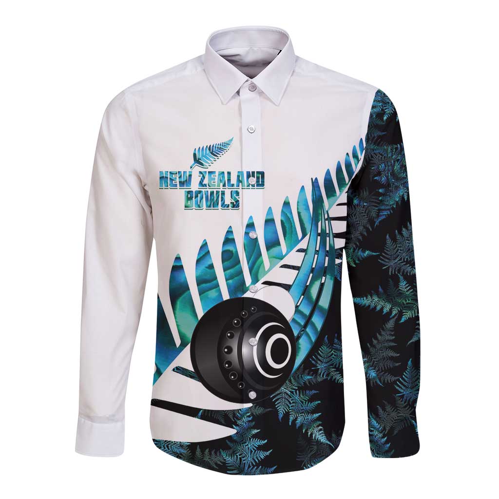 New Zealand Lawn Bowls Custom Long Sleeve Button Shirt Aotearoa Silver Fern Paua Shell - Polynesian Pride