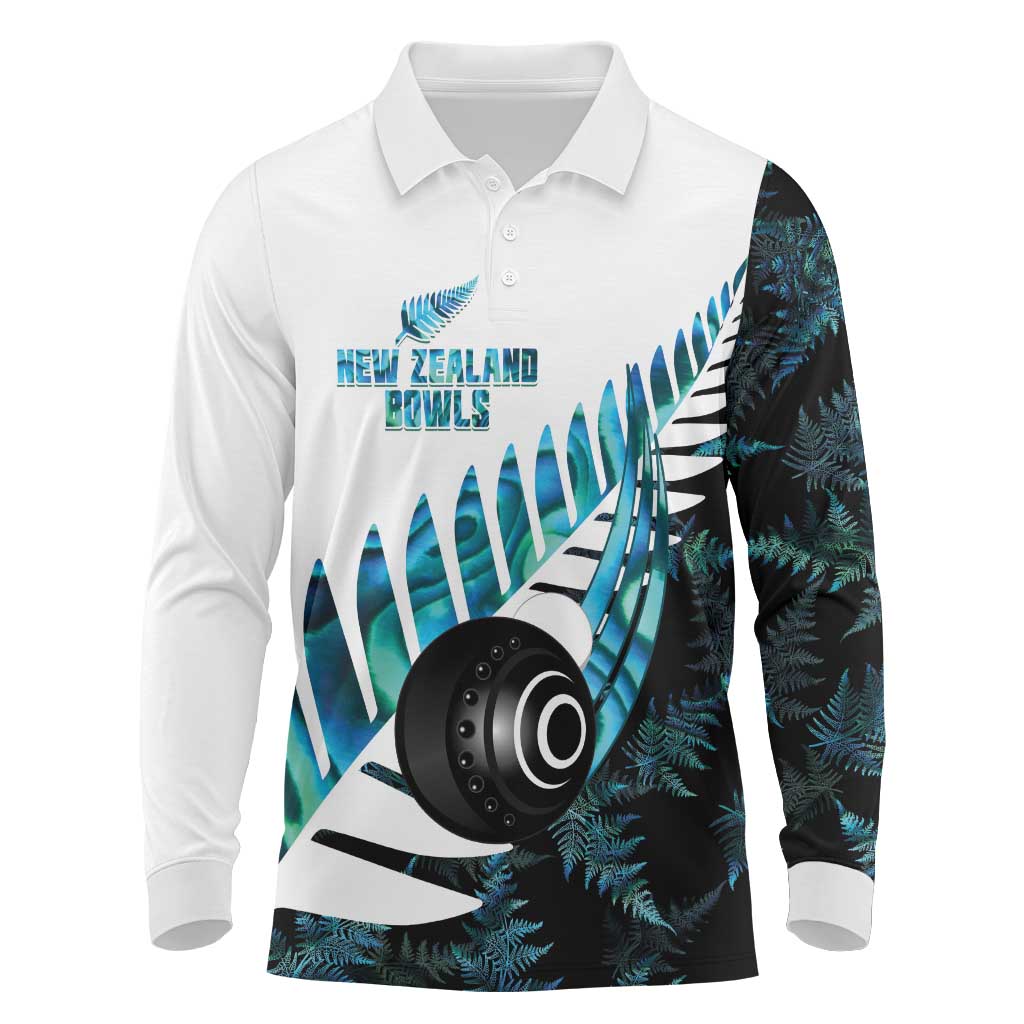 New Zealand Lawn Bowls Custom Long Sleeve Polo Shirt Aotearoa Silver Fern Paua Shell - Polynesian Pride