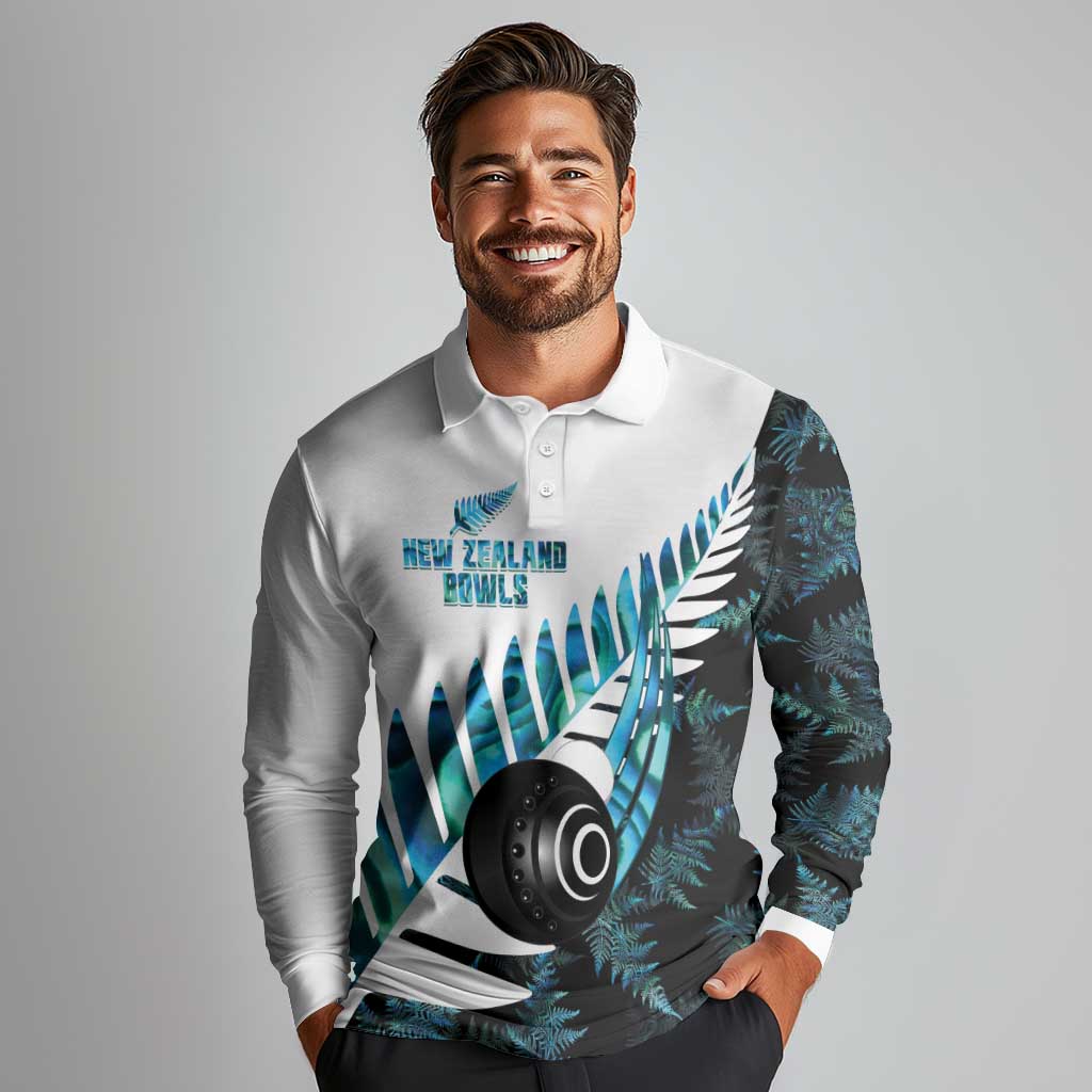 New Zealand Lawn Bowls Custom Long Sleeve Polo Shirt Aotearoa Silver Fern Paua Shell - Polynesian Pride