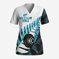 New Zealand Lawn Bowls Custom Scrub Top Aotearoa Silver Fern Paua Shell - Polynesian Pride