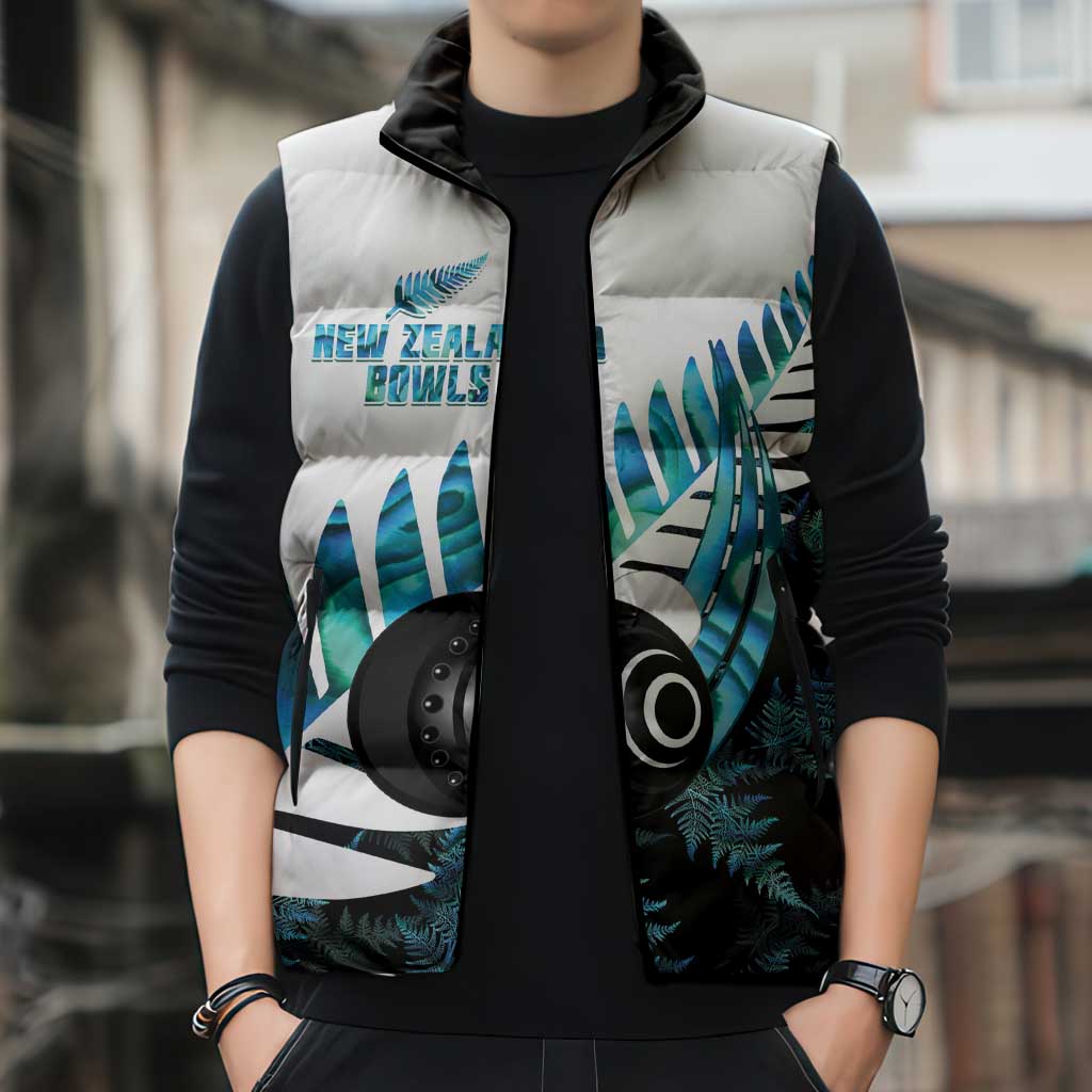 New Zealand Lawn Bowls Custom Sleeveless Puffer Jacket Aotearoa Silver Fern Paua Shell - Polynesian Pride