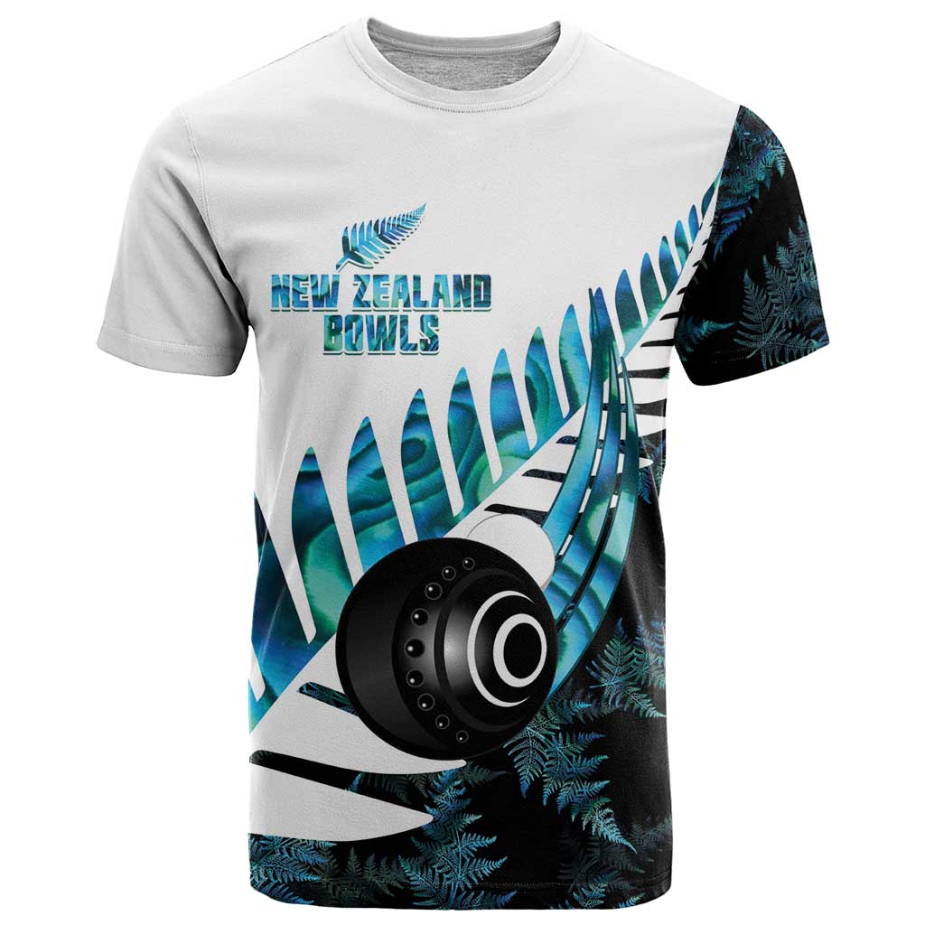 New Zealand Lawn Bowls Custom T Shirt Aotearoa Silver Fern Paua Shell - Polynesian Pride