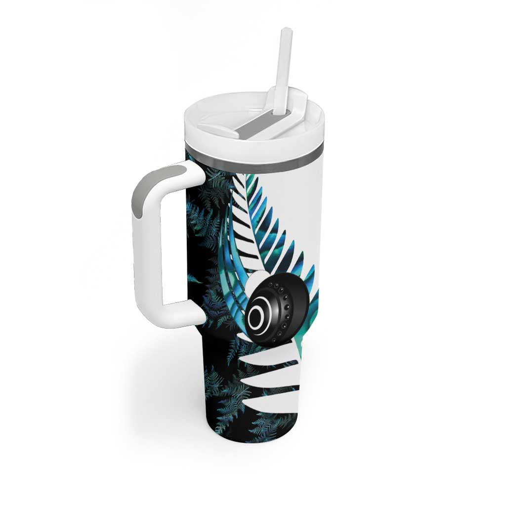 New Zealand Lawn Bowls Custom Tumbler With Handle Aotearoa Silver Fern Paua Shell - Polynesian Pride