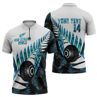 New Zealand Lawn Bowls Custom Zipper Polo Shirt Aotearoa Silver Fern Paua Shell - Polynesian Pride