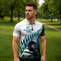 New Zealand Lawn Bowls Custom Zipper Polo Shirt Aotearoa Silver Fern Paua Shell - Polynesian Pride
