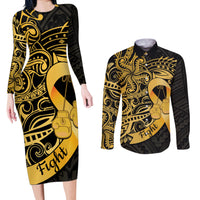 Polynesia Bone Cancer Awareness Couples Matching Long Sleeve Bodycon Dress and Long Sleeve Button Shirt Fight Warriors LT14 Black - Polynesian Pride