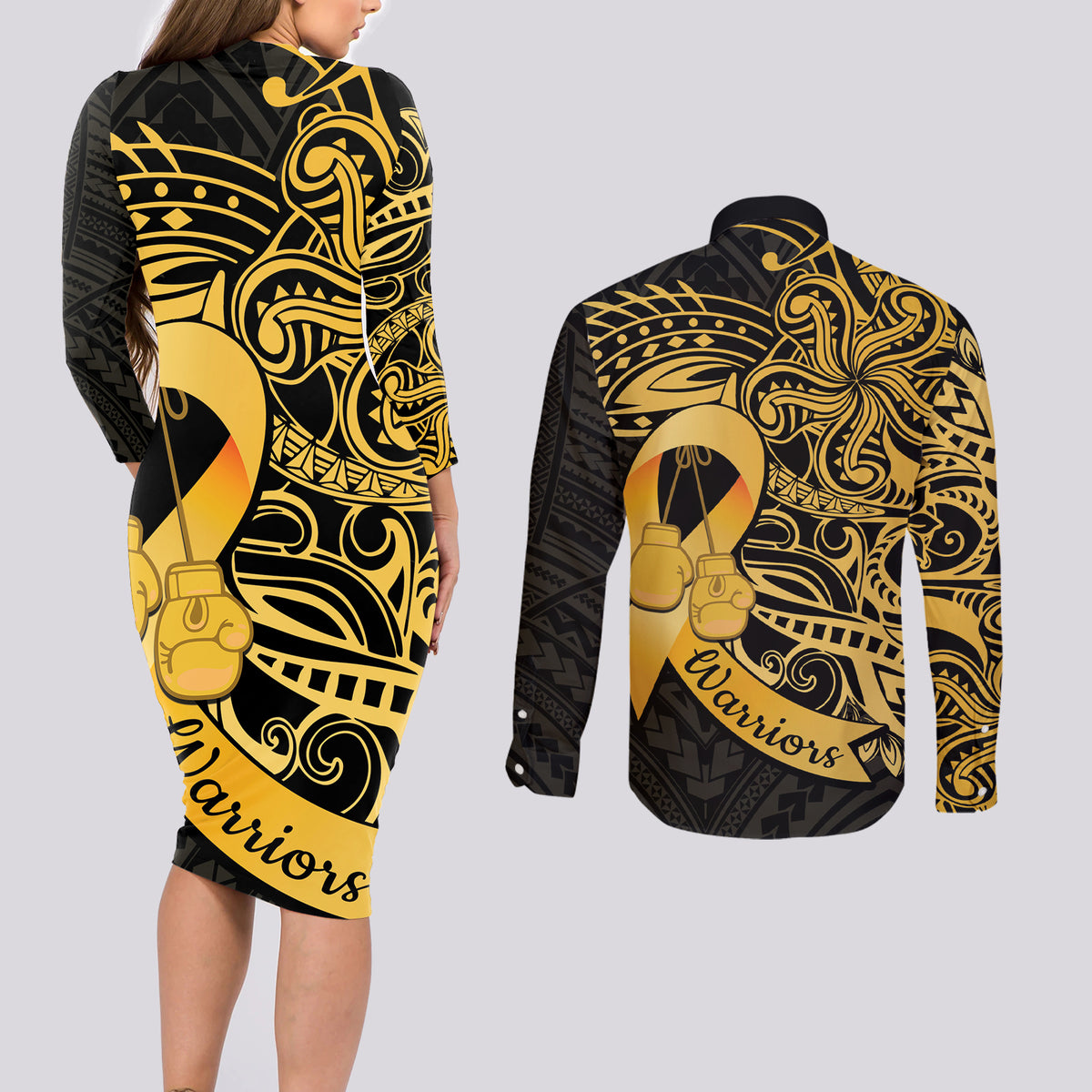 Polynesia Bone Cancer Awareness Couples Matching Long Sleeve Bodycon Dress and Long Sleeve Button Shirt Fight Warriors LT14 - Polynesian Pride
