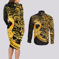 Polynesia Bone Cancer Awareness Couples Matching Long Sleeve Bodycon Dress and Long Sleeve Button Shirt Fight Warriors LT14 - Polynesian Pride