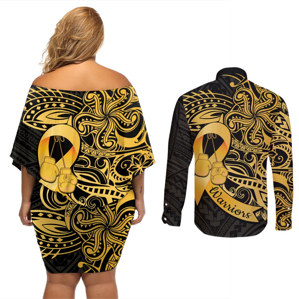 Polynesia Bone Cancer Awareness Couples Matching Off Shoulder Short Dress and Long Sleeve Button Shirt Fight Warriors LT14 - Polynesian Pride