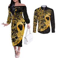 Polynesia Bone Cancer Awareness Couples Matching Off The Shoulder Long Sleeve Dress and Long Sleeve Button Shirt Fight Warriors LT14 Black - Polynesian Pride