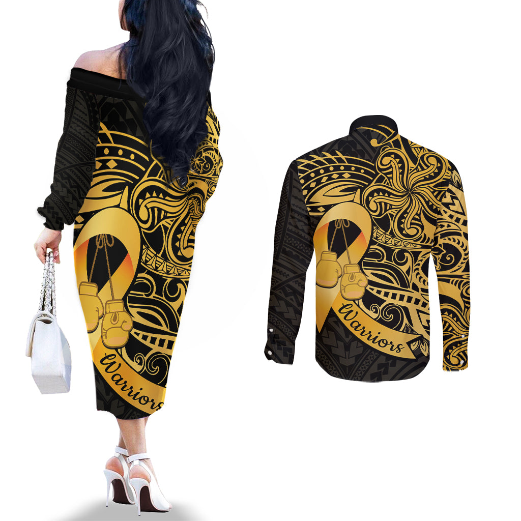 Polynesia Bone Cancer Awareness Couples Matching Off The Shoulder Long Sleeve Dress and Long Sleeve Button Shirt Fight Warriors LT14 - Polynesian Pride