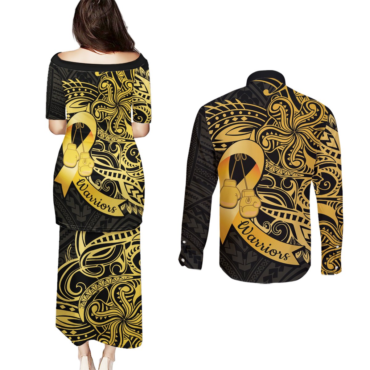 Polynesia Bone Cancer Awareness Couples Matching Puletasi and Long Sleeve Button Shirt Fight Warriors LT14 - Polynesian Pride