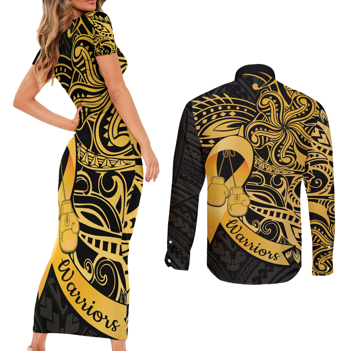 Polynesia Bone Cancer Awareness Couples Matching Short Sleeve Bodycon Dress and Long Sleeve Button Shirt Fight Warriors LT14 - Polynesian Pride