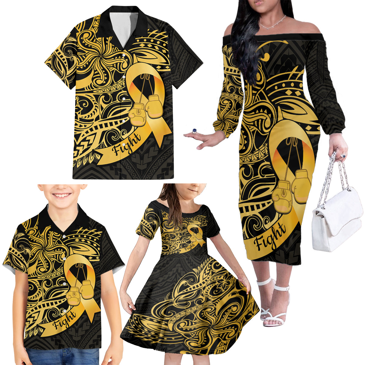 Polynesia Bone Cancer Awareness Family Matching Off The Shoulder Long Sleeve Dress and Hawaiian Shirt Fight Warriors