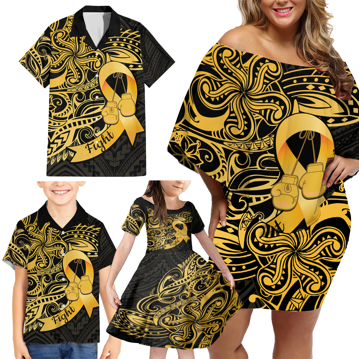 Polynesia Bone Cancer Awareness Family Matching Off Shoulder Short Dress and Hawaiian Shirt Fight Warriors