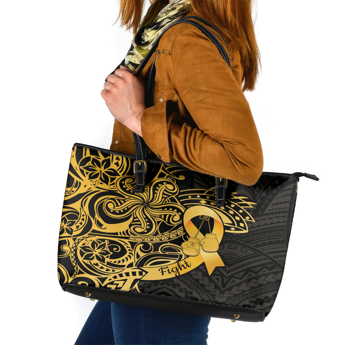 Polynesia Bone Cancer Awareness Leather Tote Bag Fight Warriors LT14 Black - Polynesian Pride