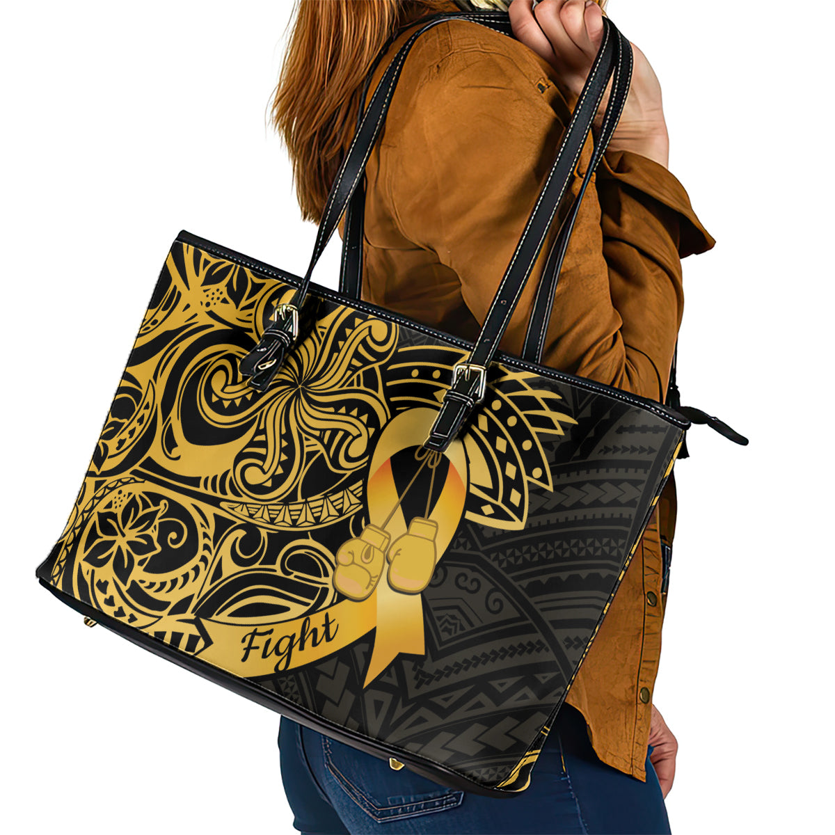 Polynesia Bone Cancer Awareness Leather Tote Bag Fight Warriors LT14 - Polynesian Pride