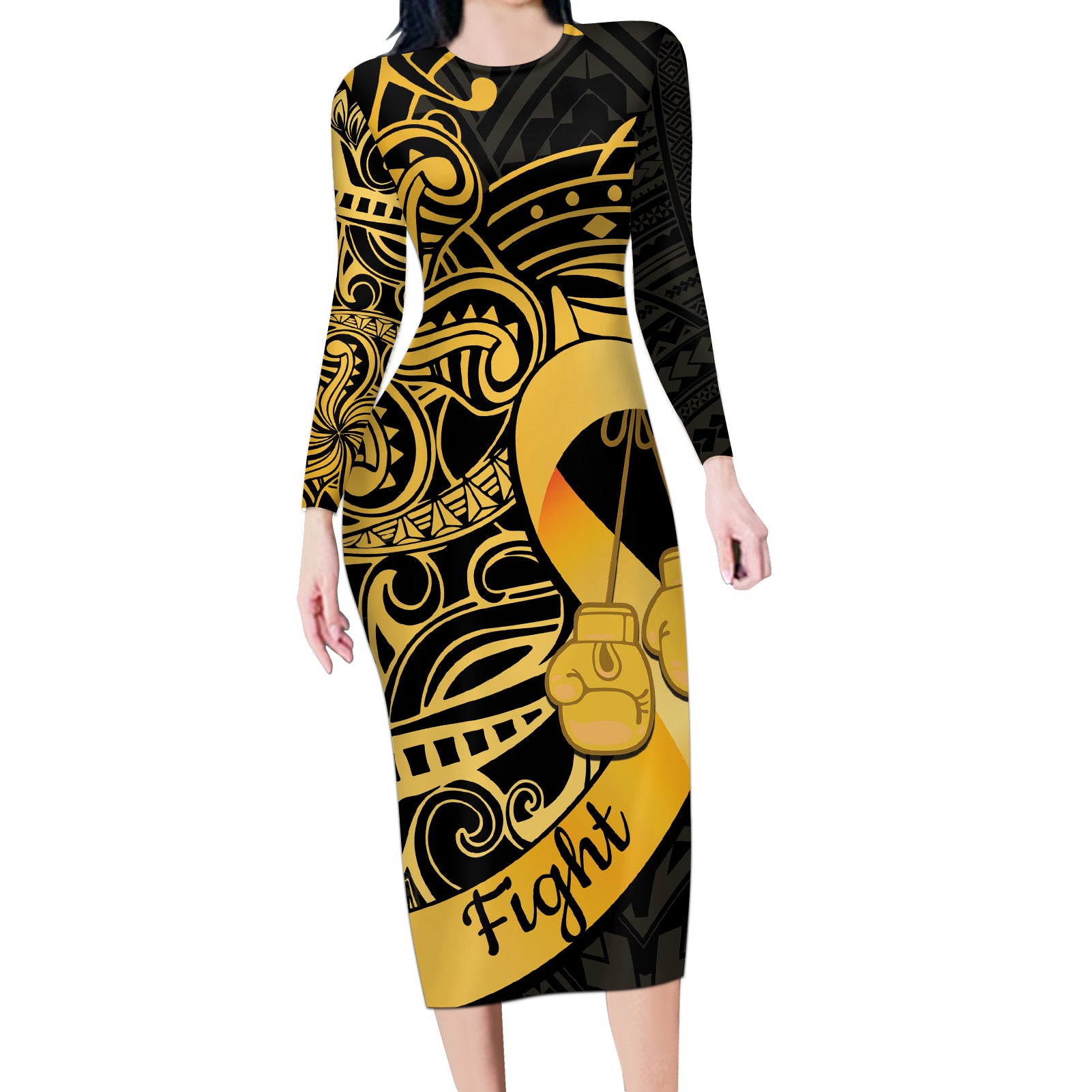 Polynesia Bone Cancer Awareness Long Sleeve Bodycon Dress Fight Warriors