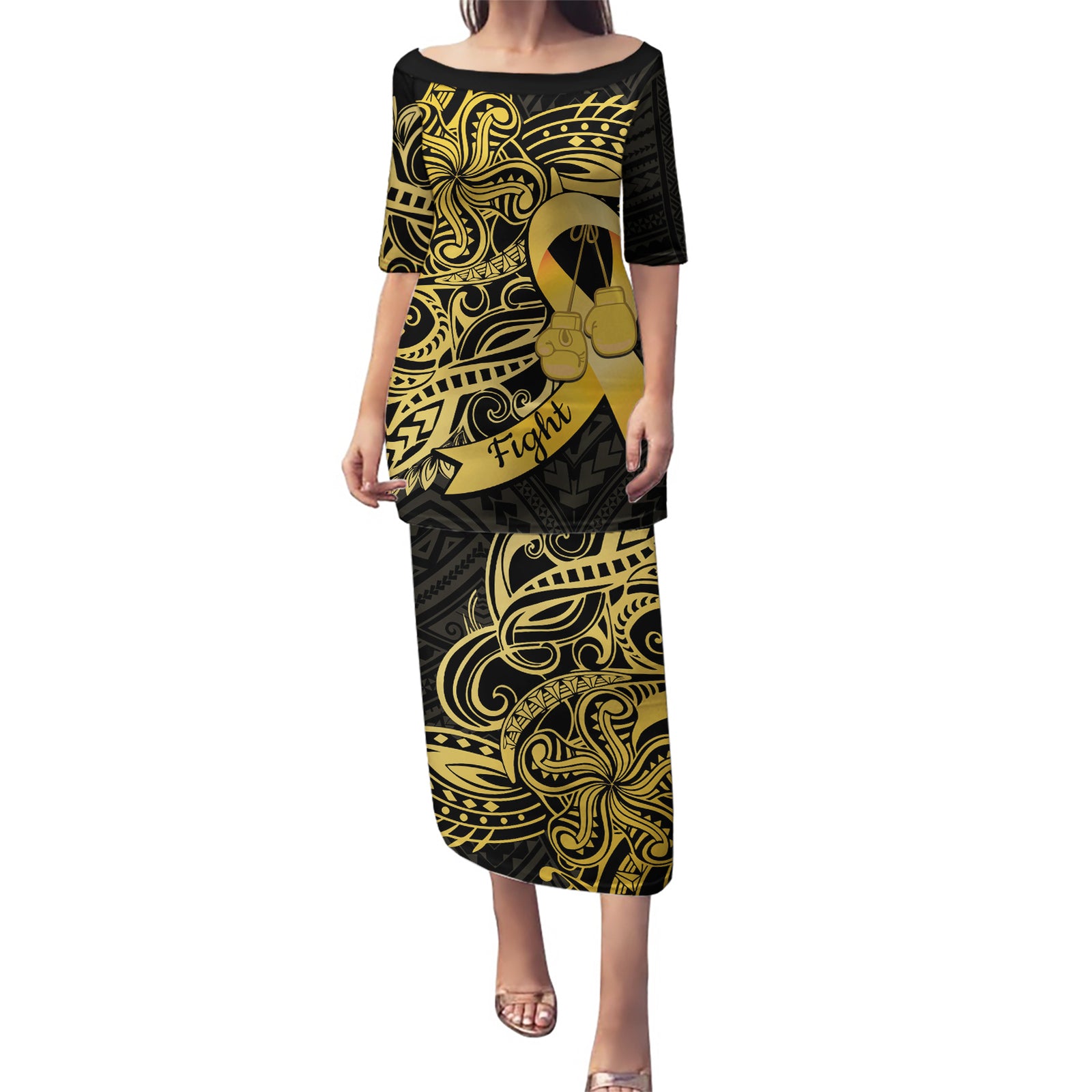 Polynesia Bone Cancer Awareness Puletasi Fight Warriors LT14 Long Dress Black - Polynesian Pride