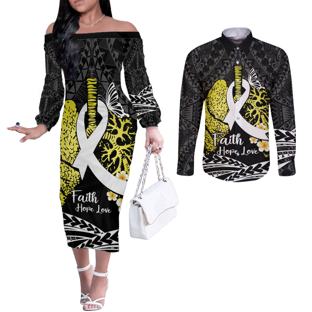 Personalised Polynesia World Lung Cancer Day Couples Matching Off The Shoulder Long Sleeve Dress and Long Sleeve Button Shirt Faith Hope Love LT14 Black - Polynesian Pride