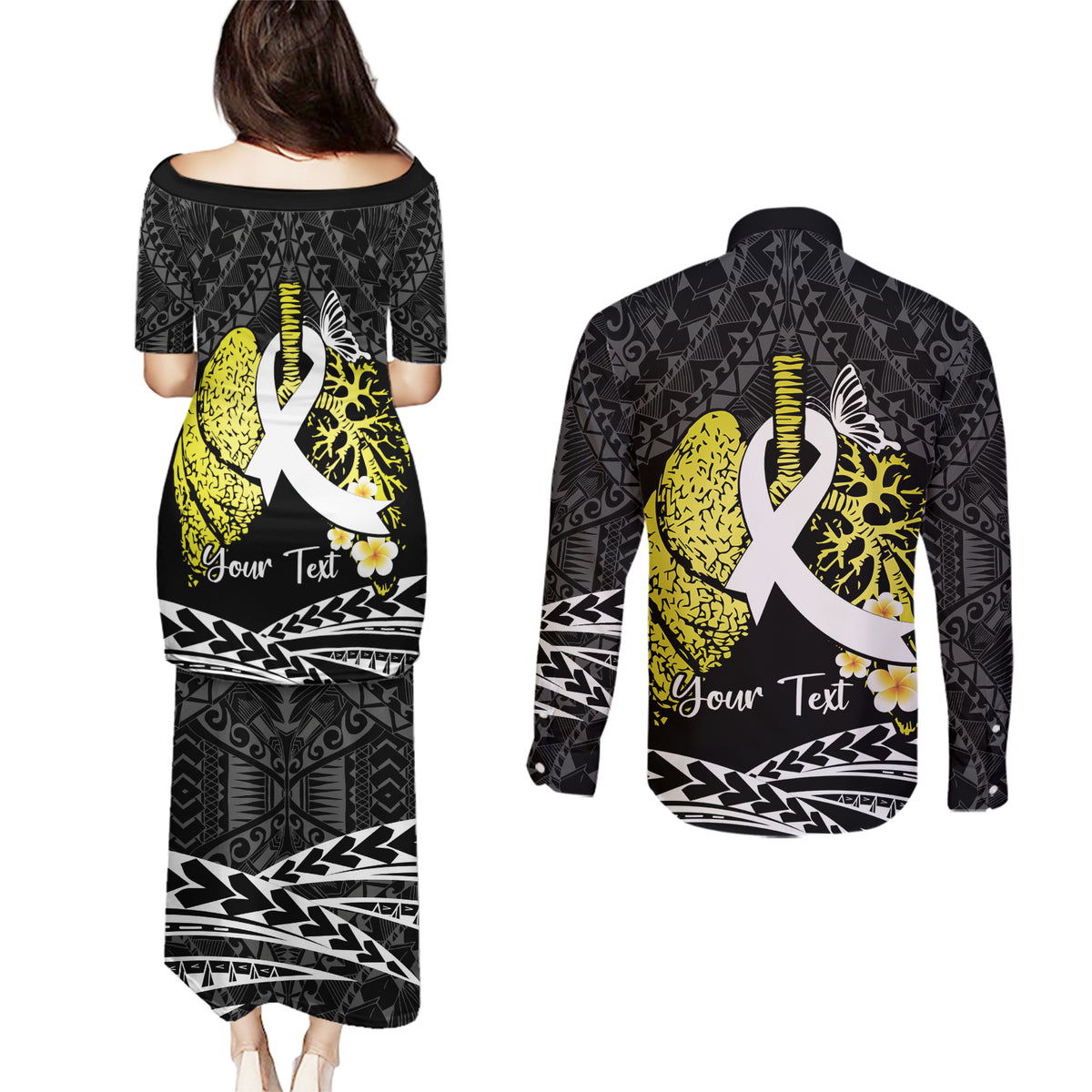 Personalised Polynesia World Lung Cancer Day Couples Matching Puletasi and Long Sleeve Button Shirt Faith Hope Love