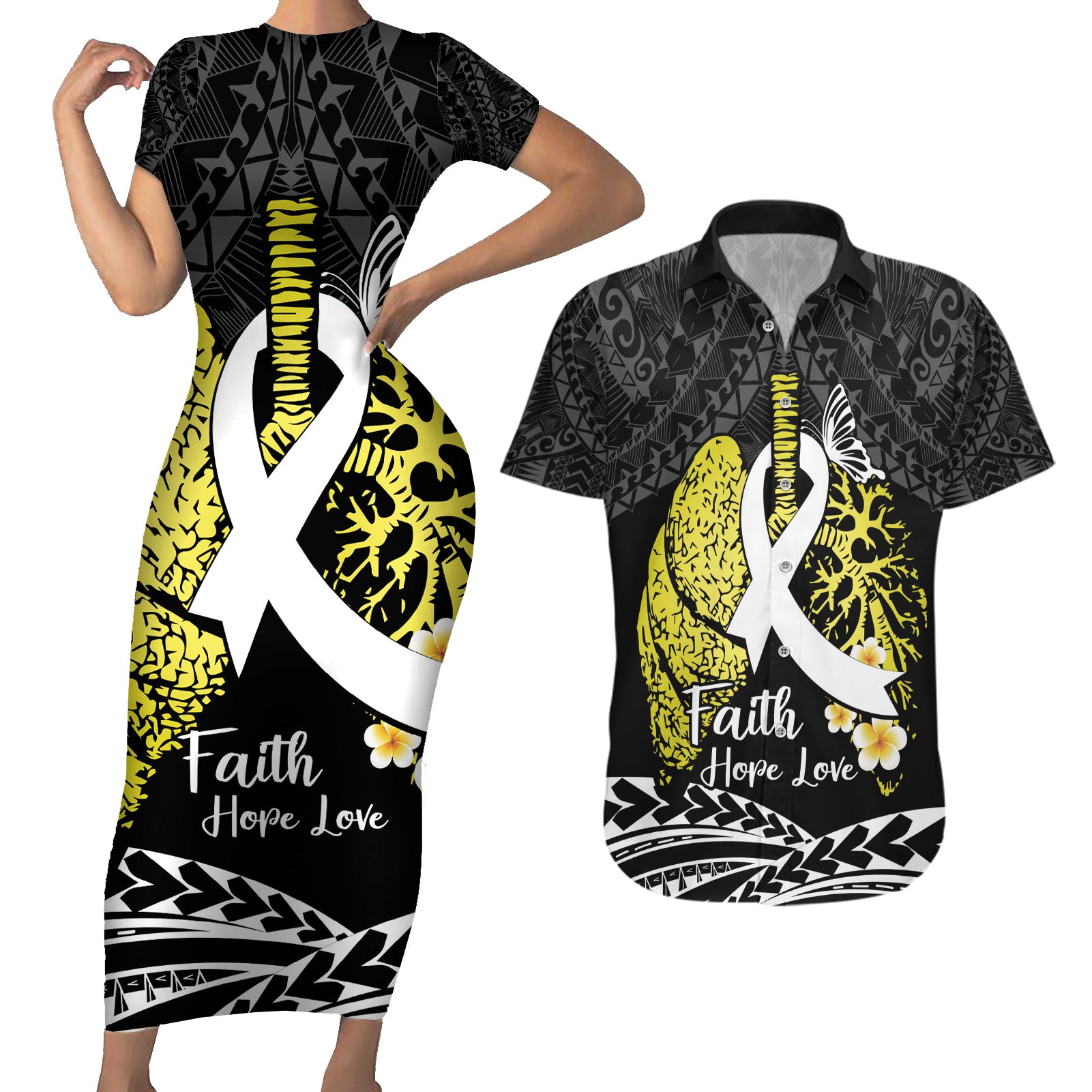 Personalised Polynesia World Lung Cancer Day Couples Matching Short Sleeve Bodycon Dress and Hawaiian Shirt Faith Hope Love