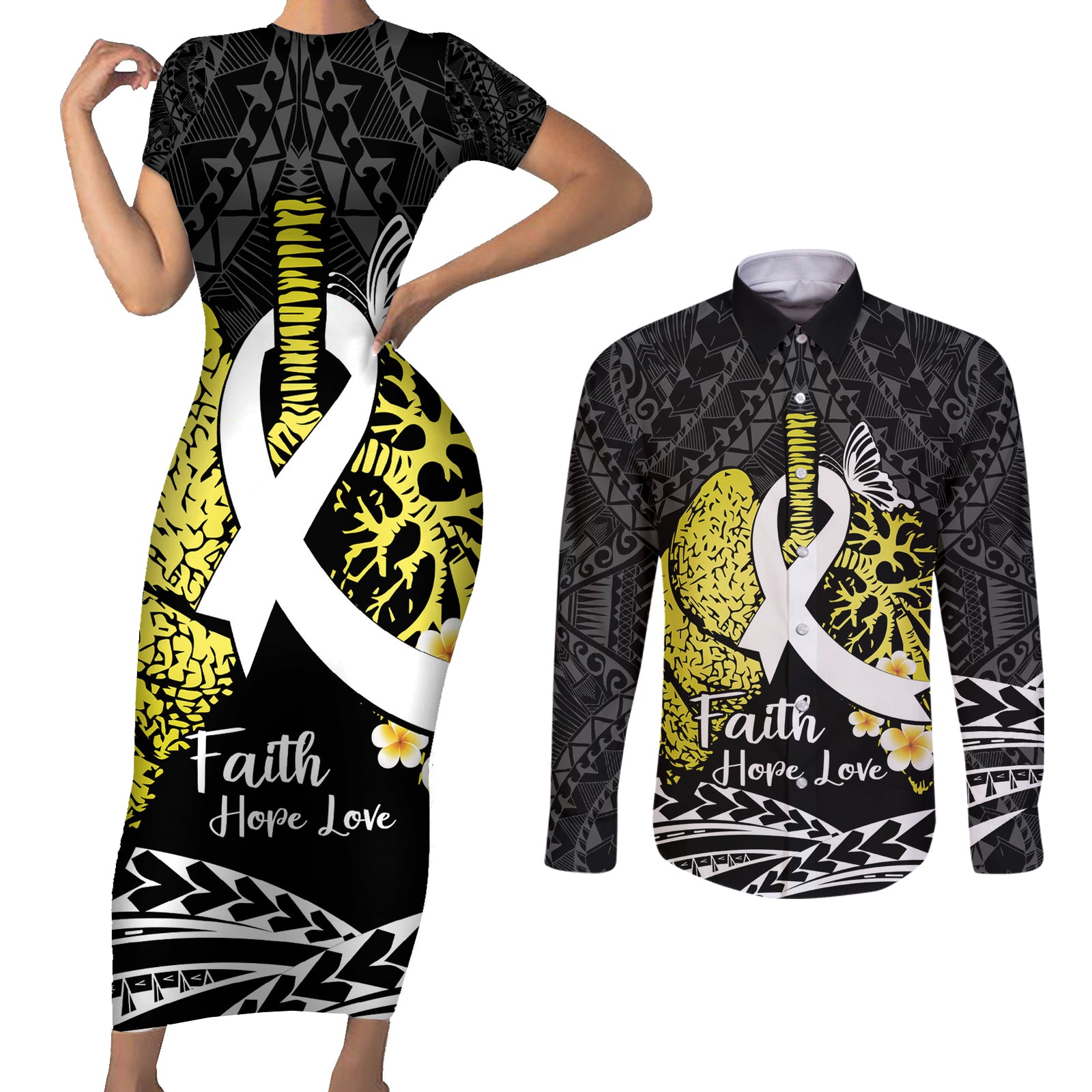 Personalised Polynesia World Lung Cancer Day Couples Matching Short Sleeve Bodycon Dress and Long Sleeve Button Shirt Faith Hope Love LT14 Black - Polynesian Pride