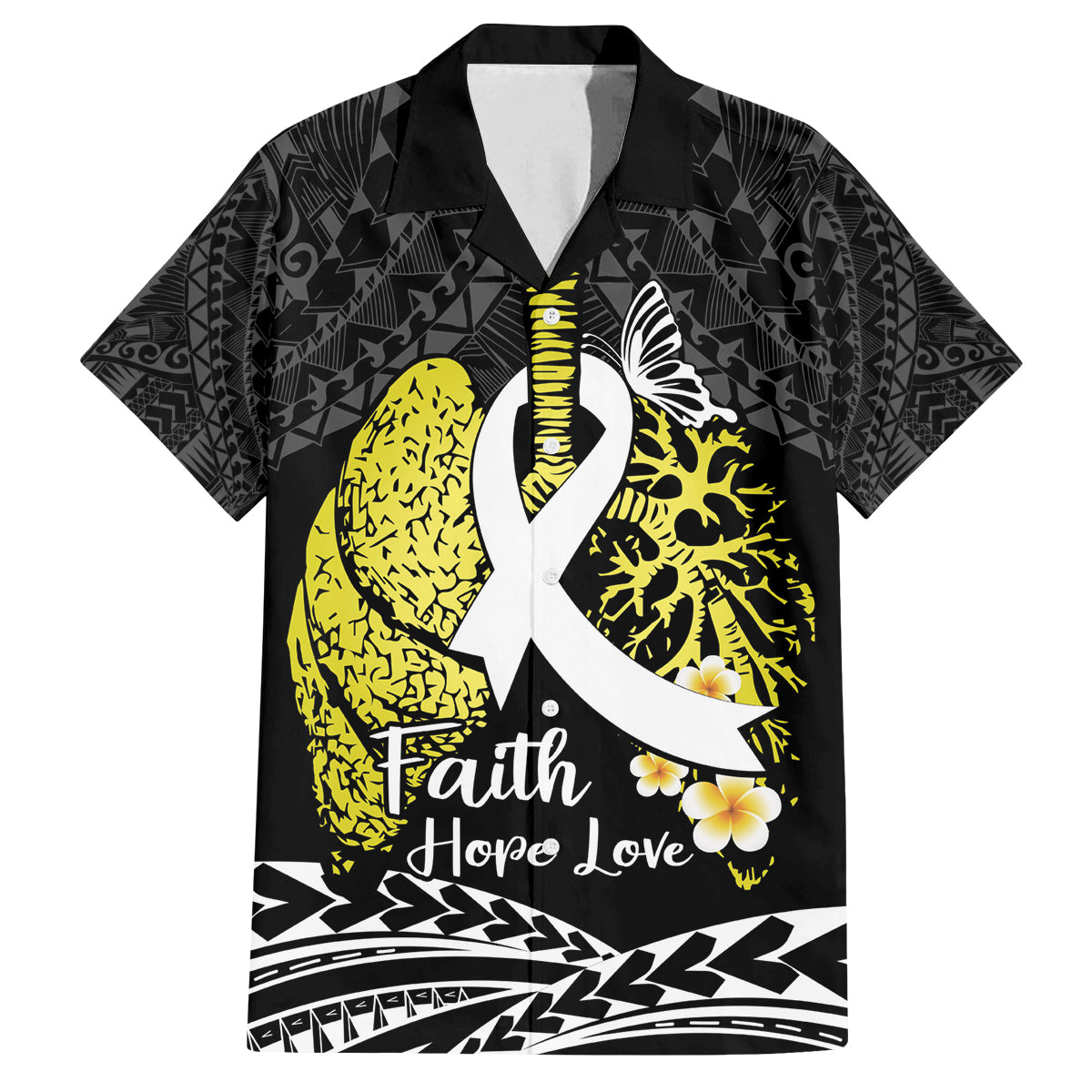 Personalised Polynesia World Lung Cancer Day Family Matching Off The Shoulder Long Sleeve Dress and Hawaiian Shirt Faith Hope Love LT14 Dad's Shirt - Short Sleeve Black - Polynesian Pride