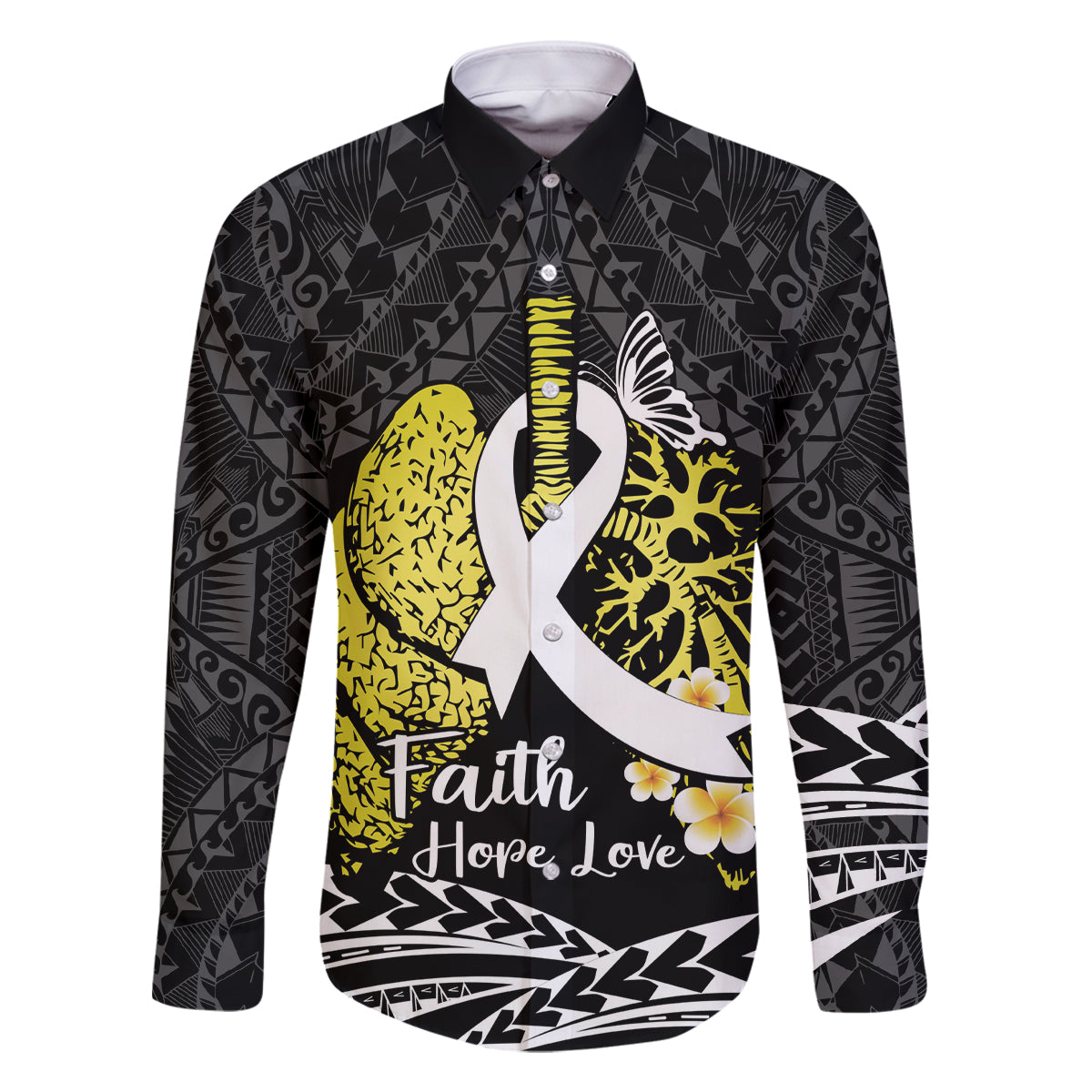 Personalised Polynesia World Lung Cancer Day Family Matching Off The Shoulder Long Sleeve Dress and Hawaiian Shirt Faith Hope Love LT14 Dad's Shirt - Long Sleeve Black - Polynesian Pride