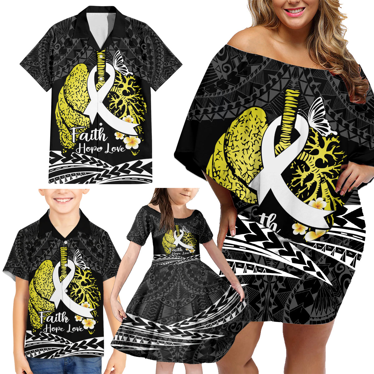 Personalised Polynesia World Lung Cancer Day Family Matching Off Shoulder Short Dress and Hawaiian Shirt Faith Hope Love