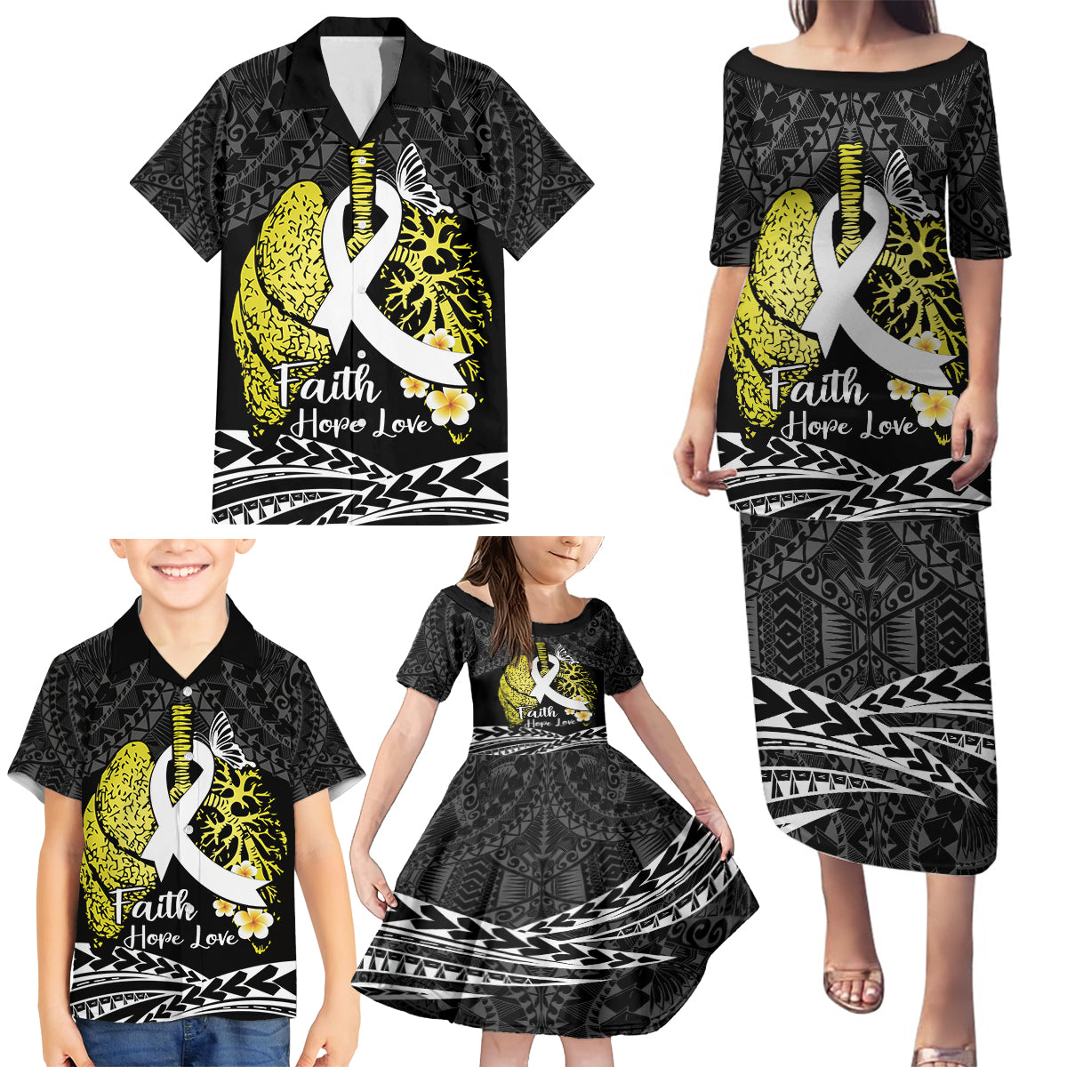 Personalised Polynesia World Lung Cancer Day Family Matching Puletasi and Hawaiian Shirt Faith Hope Love