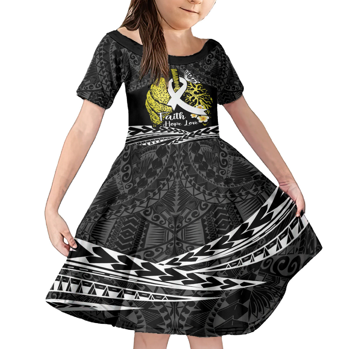Personalised Polynesia World Lung Cancer Day Family Matching Summer Maxi Dress and Hawaiian Shirt Faith Hope Love LT14 Daughter's Dress Black - Polynesian Pride