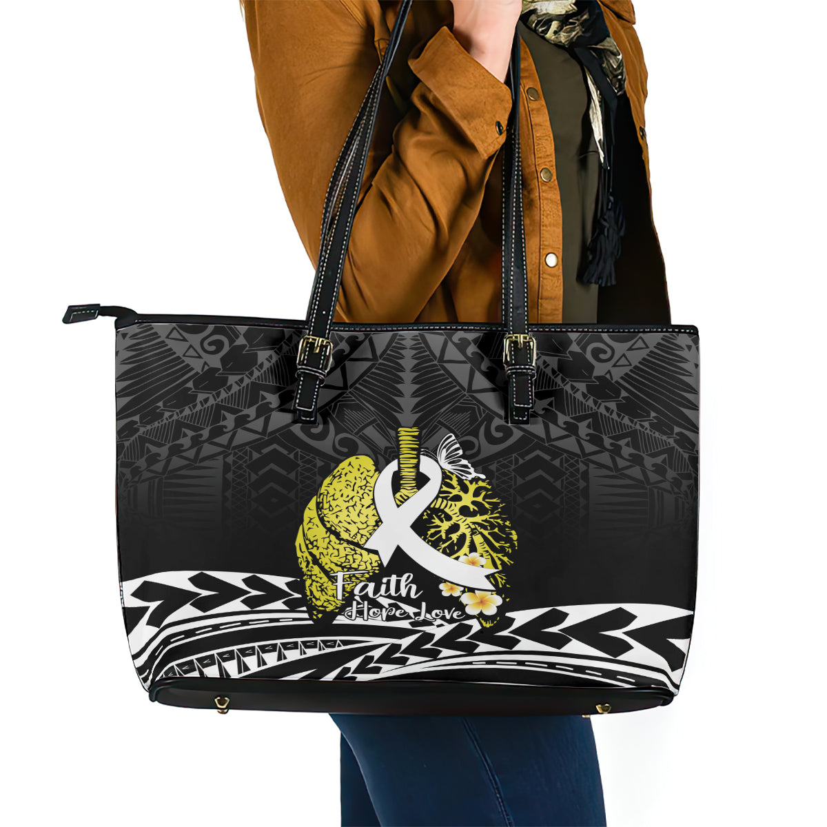 Polynesia World Lung Cancer Day Leather Tote Bag Faith Hope Love LT14 - Polynesian Pride
