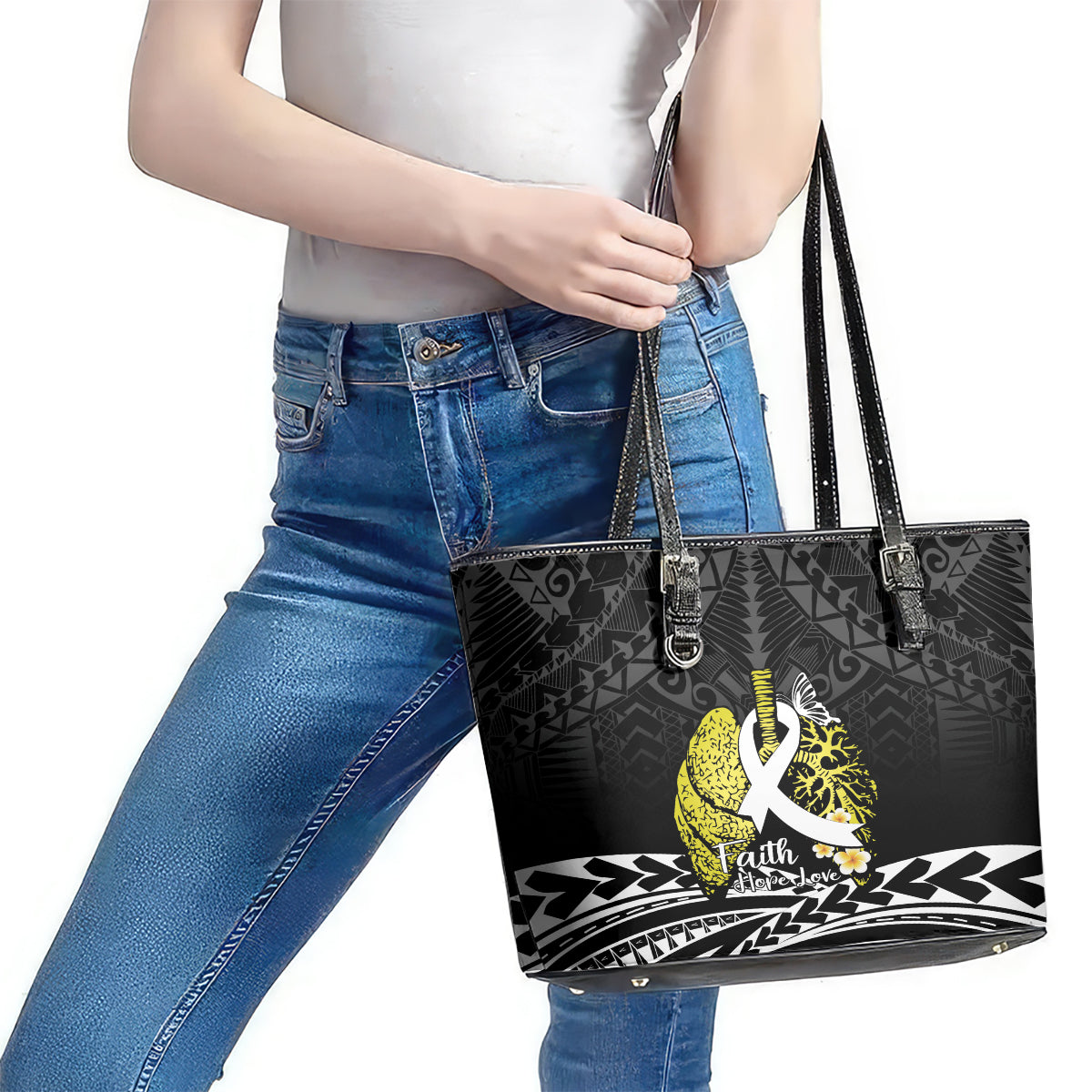 Polynesia World Lung Cancer Day Leather Tote Bag Faith Hope Love LT14 - Polynesian Pride