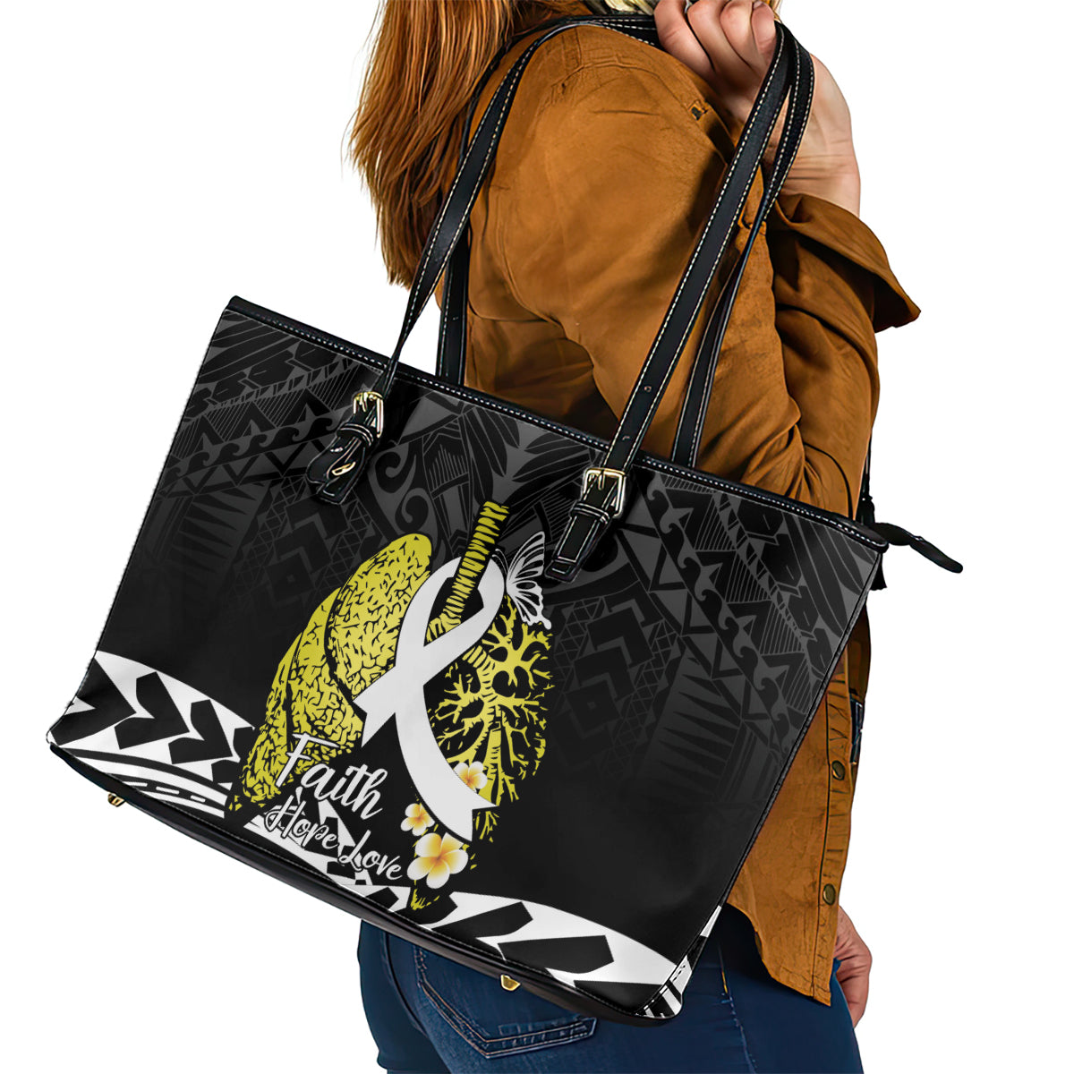 Polynesia World Lung Cancer Day Leather Tote Bag Faith Hope Love LT14 - Polynesian Pride
