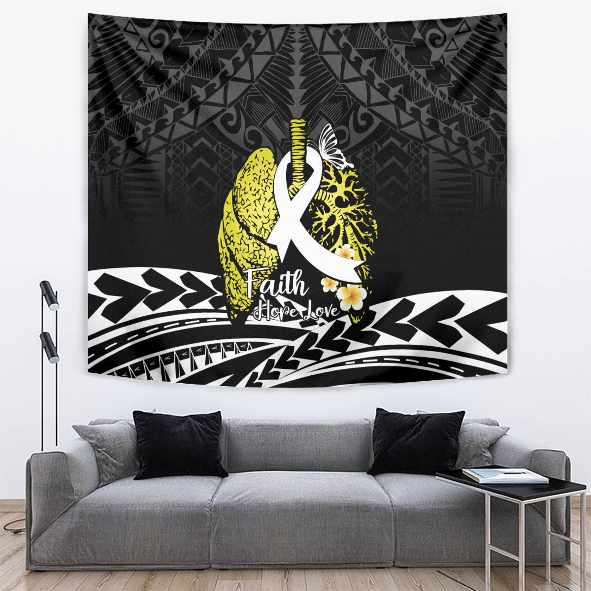 Polynesia World Lung Cancer Day Tapestry Faith Hope Love LT14 Black - Polynesian Pride