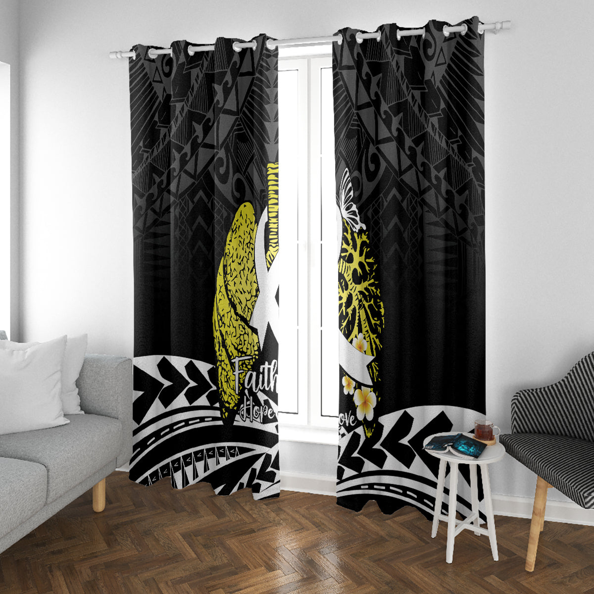 Polynesia World Lung Cancer Day Window Curtain Faith Hope Love LT14 With Grommets Black - Polynesian Pride