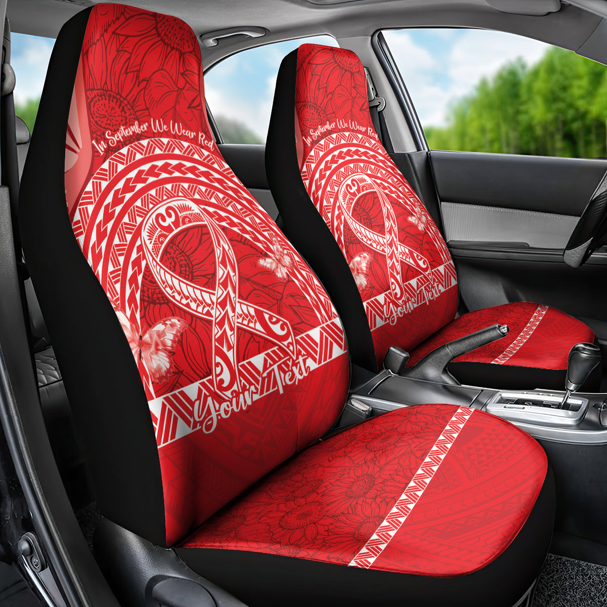 Personalised In September We Wear Red Car Seat Cover Polynesia Blood Cancer Awareness