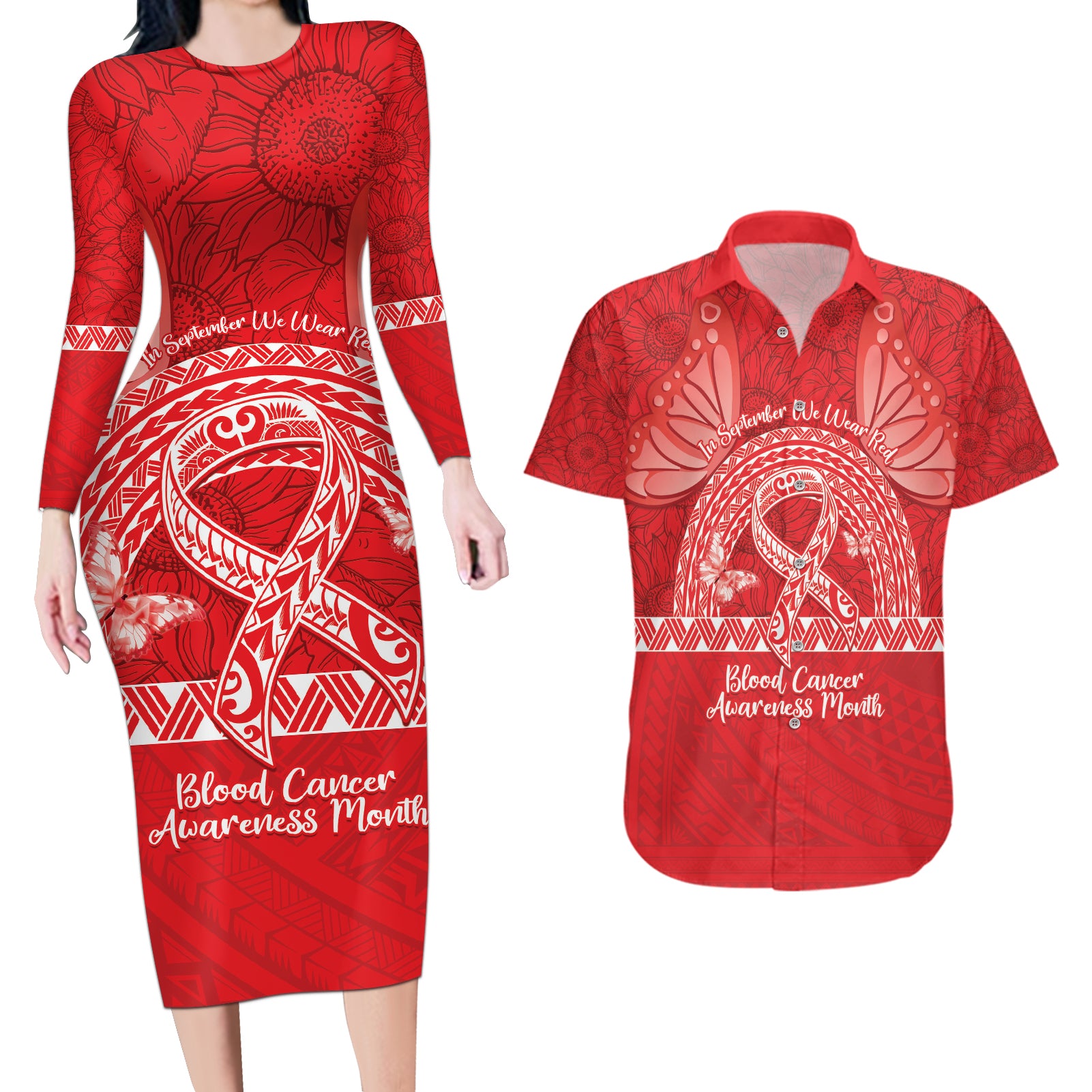 Personalised In September We Wear Red Couples Matching Long Sleeve Bodycon Dress and Hawaiian Shirt Polynesia Blood Cancer Awareness