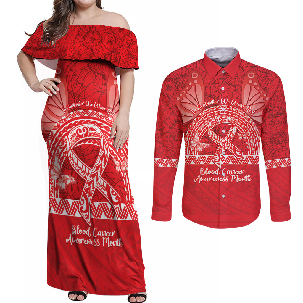 Personalised In September We Wear Red Couples Matching Off Shoulder Maxi Dress and Long Sleeve Button Shirt Polynesia Blood Cancer Awareness