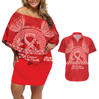 Personalised In September We Wear Red Couples Matching Off Shoulder Short Dress and Hawaiian Shirt Polynesia Blood Cancer Awareness
