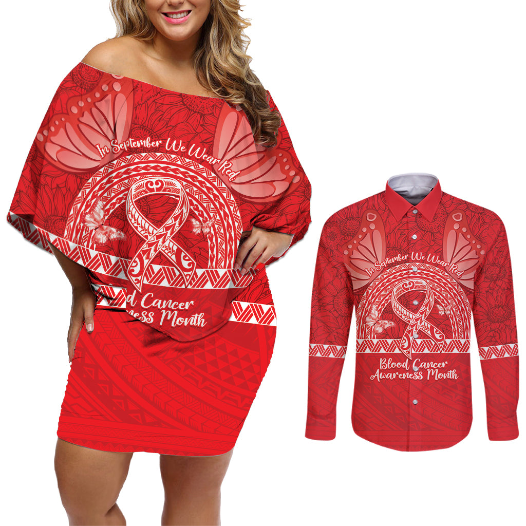 Personalised In September We Wear Red Couples Matching Off Shoulder Short Dress and Long Sleeve Button Shirt Polynesia Blood Cancer Awareness