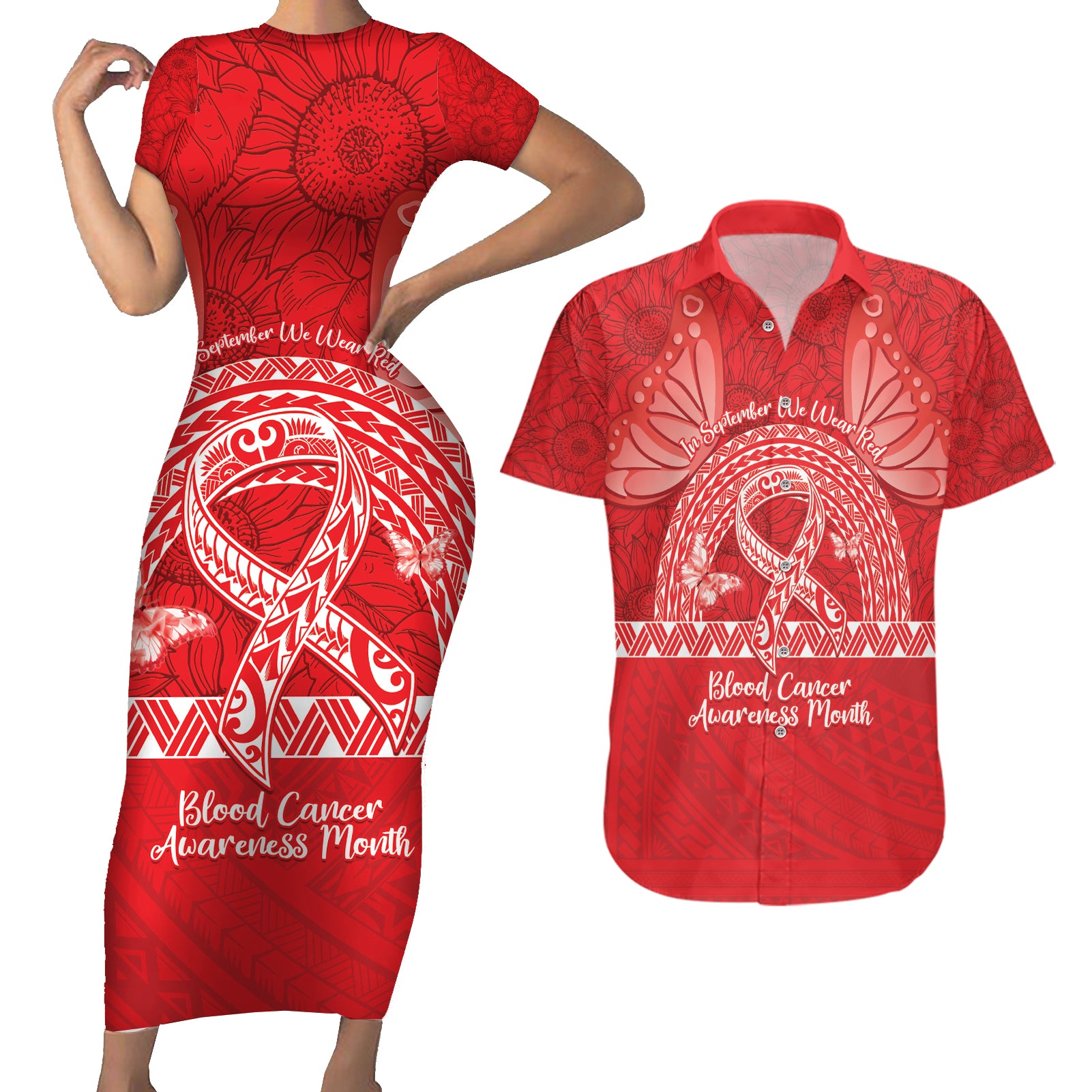 Personalised In September We Wear Red Couples Matching Short Sleeve Bodycon Dress and Hawaiian Shirt Polynesia Blood Cancer Awareness