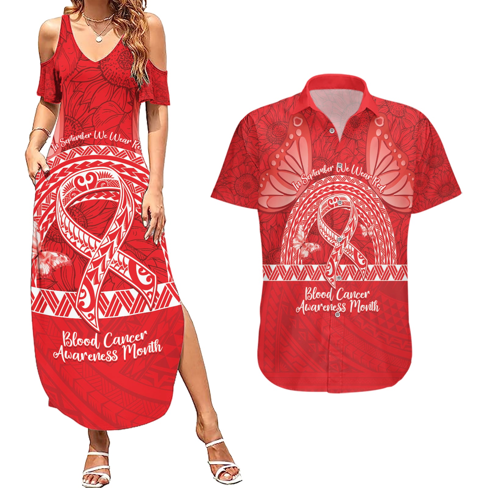 Personalised In September We Wear Red Couples Matching Summer Maxi Dress and Hawaiian Shirt Polynesia Blood Cancer Awareness