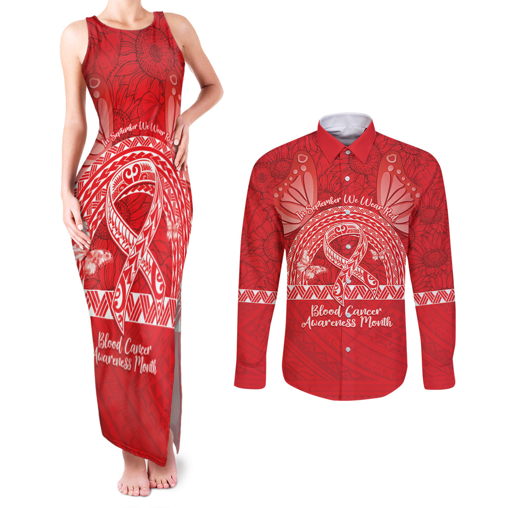 Personalised In September We Wear Red Couples Matching Tank Maxi Dress and Long Sleeve Button Shirt Polynesia Blood Cancer Awareness